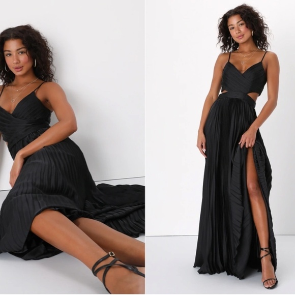 LULUS Prom Wedding Bridesmaid Got the Glam Black Blue Pleated Cutout Maxi Dress - Picture 3 of 4